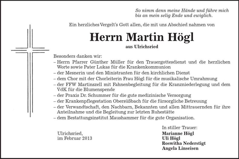 Traueranzeige Martin Högl