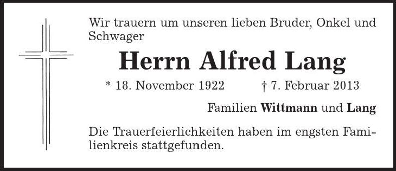 Traueranzeige Alfred Lang