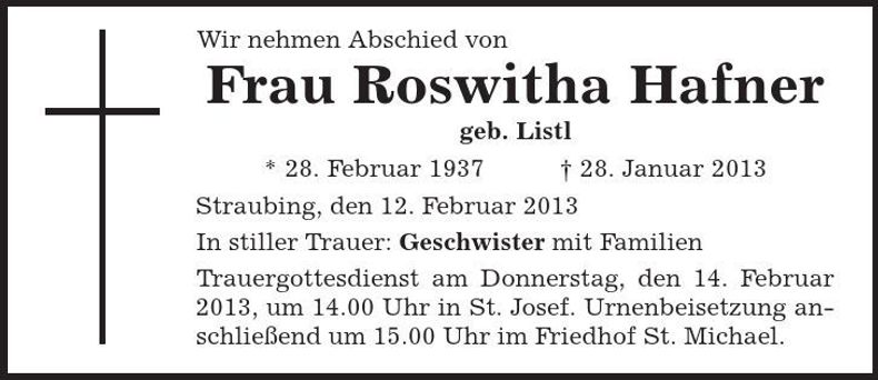Traueranzeige Roswitha Hafner