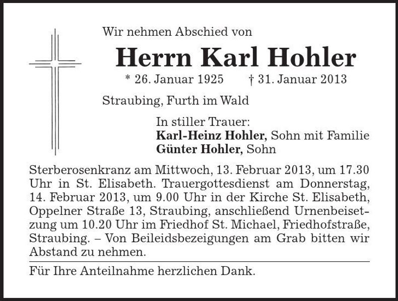 Traueranzeige Karl Hohler