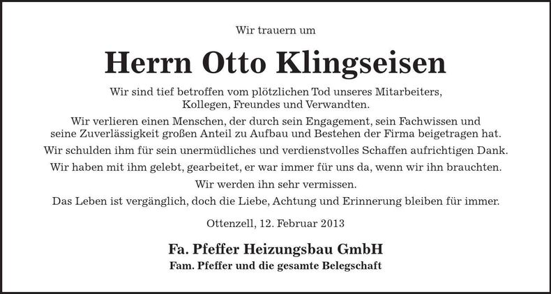 Traueranzeige Otto Klingseisen