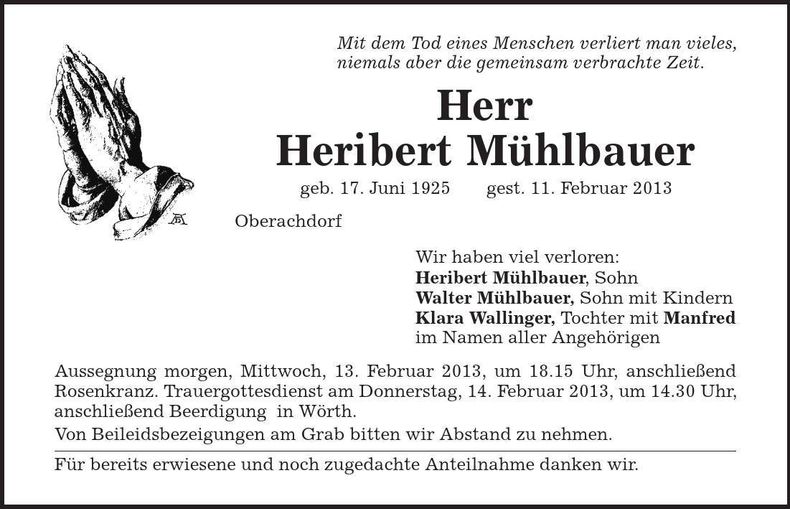 Traueranzeige Heribert Mühlbauer