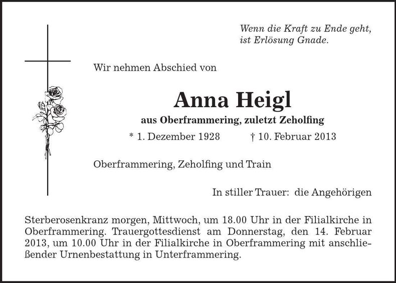 Traueranzeige Anna Heigl