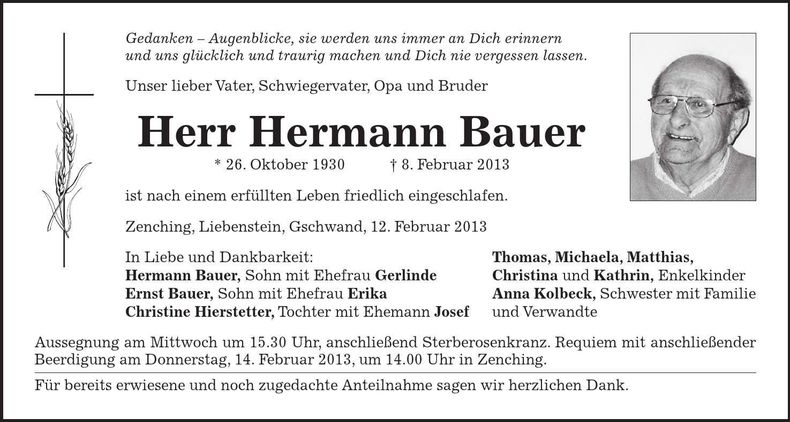 Traueranzeige Hermann Bauer