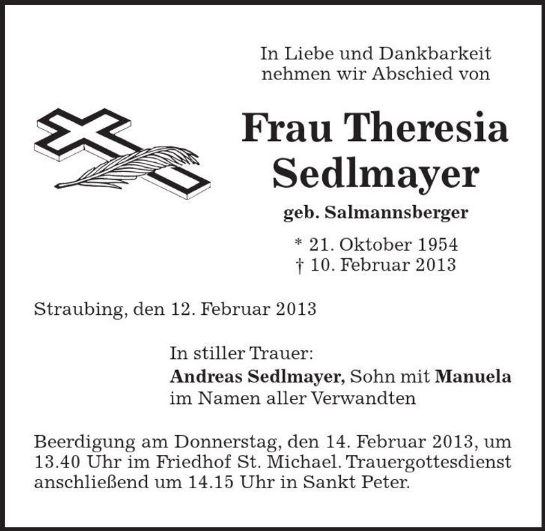 Traueranzeige Theresia Sedlmayer