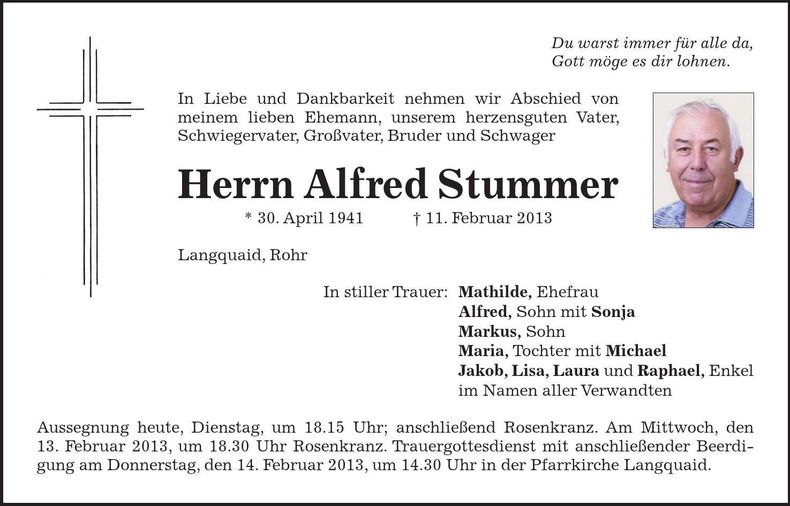 Traueranzeige Alfred Stummer