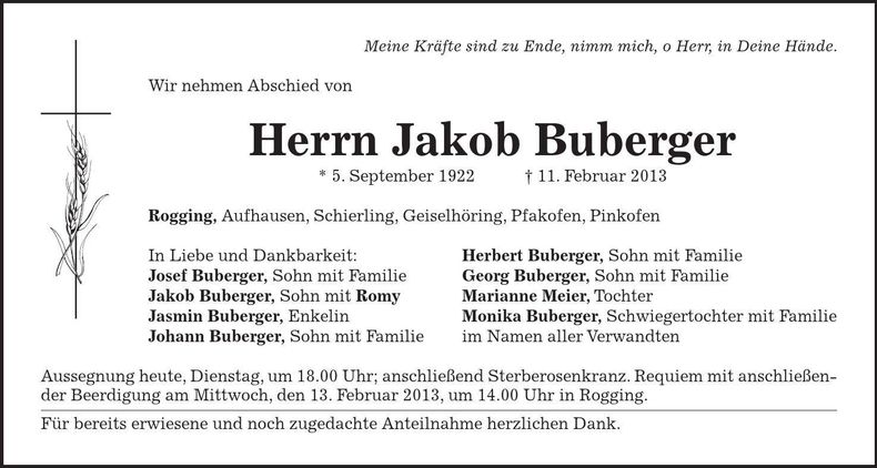 Traueranzeige Jakob Buberger
