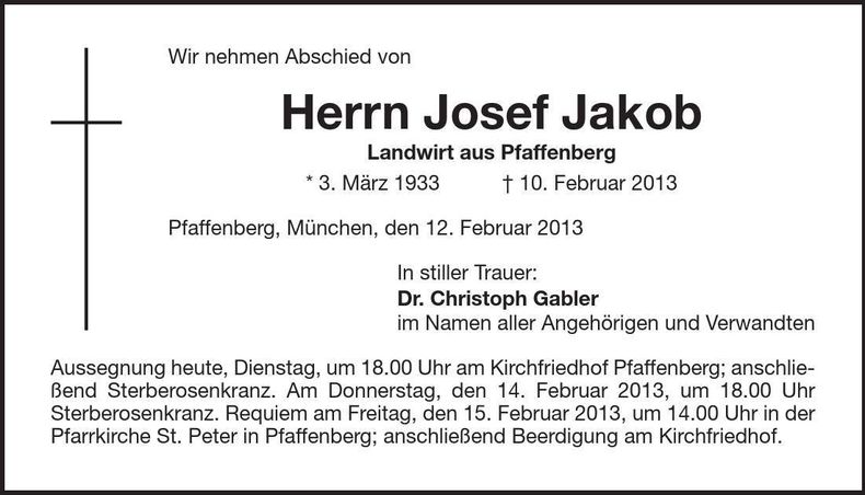 Traueranzeige Josef Jakob