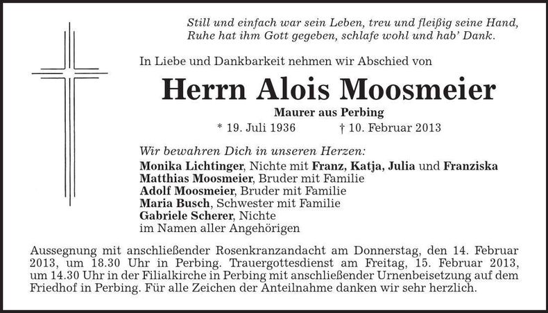 Traueranzeige Alois Moosmeier