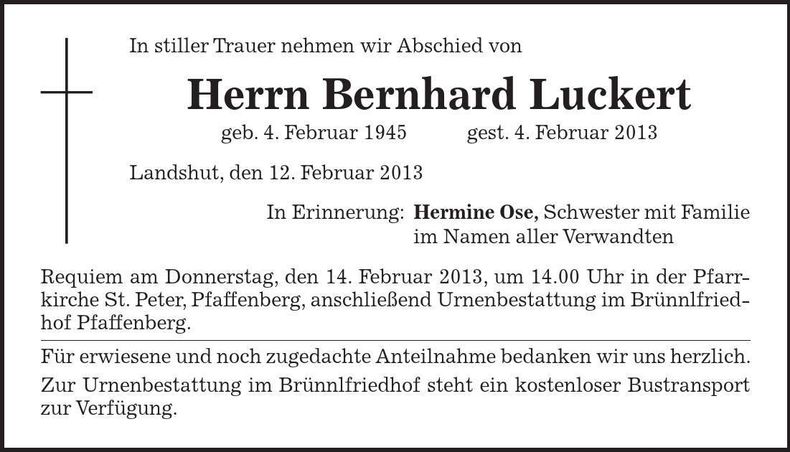 Traueranzeige Bernhard Luckert
