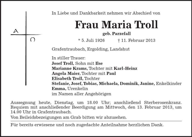 Traueranzeige Maria Troll