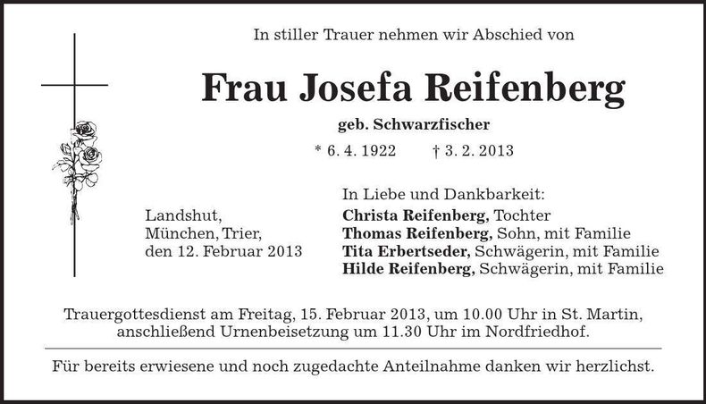 Traueranzeige Josefa Reifenberg