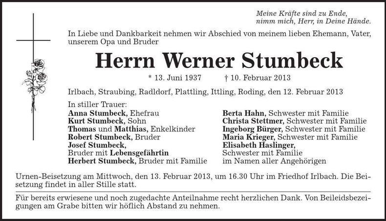 Traueranzeige Werner Stumbeck