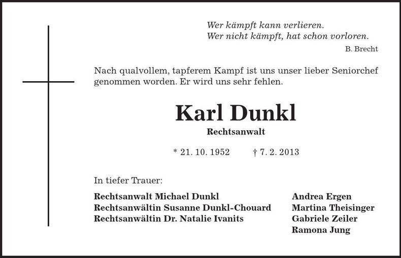 Traueranzeige Karl Dunkl