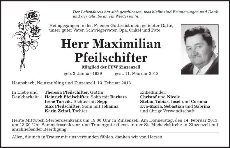 Traueranzeige Maximilian Pfeilschifter
