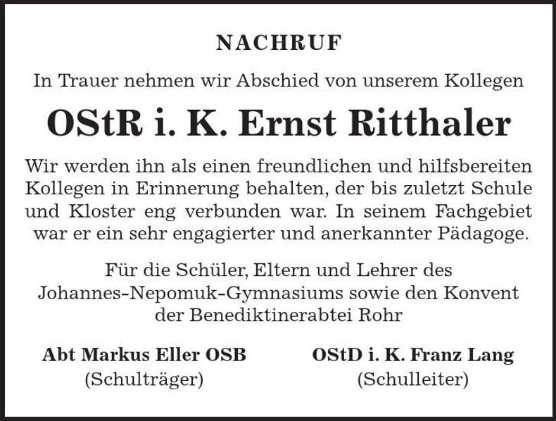 Traueranzeige Ernst Ritthaler