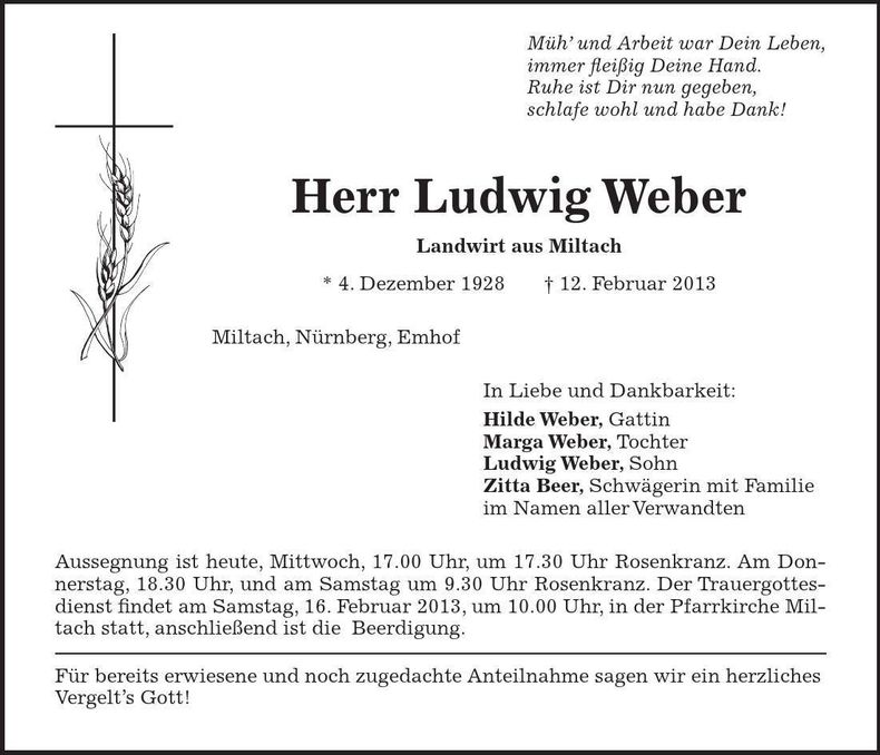 Traueranzeige Ludwig Weber