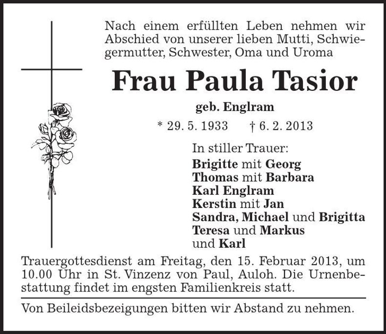 Traueranzeige Paula Tasior