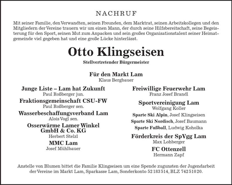 Traueranzeige Otto Klingseisen