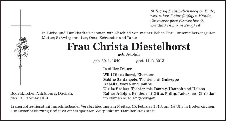 Traueranzeige Christa Diestelhorst