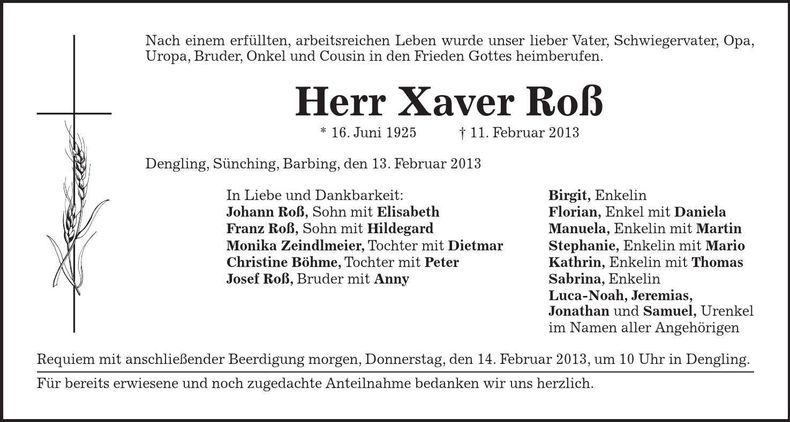 Traueranzeige Xaver Roß
