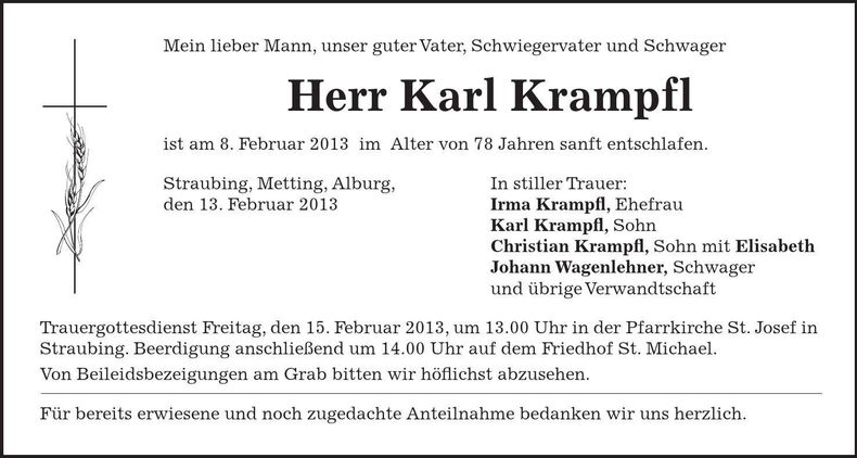 Traueranzeige Karl Krampfl