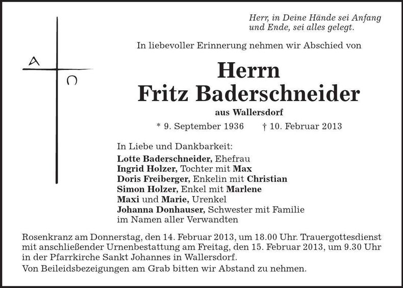 Traueranzeige Fritz Baderschneider