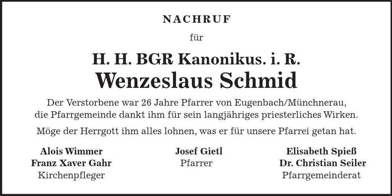 Traueranzeige Wenzeslaus Schmid