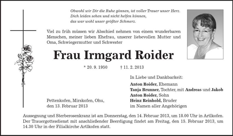 Traueranzeige Irmgard Roider