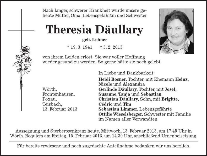 Traueranzeige Theresia Däullary