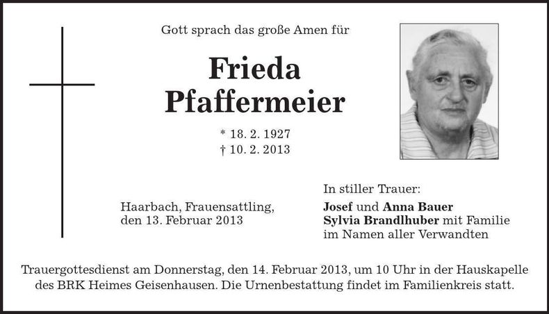 Traueranzeige Frieda Pfaffermeier
