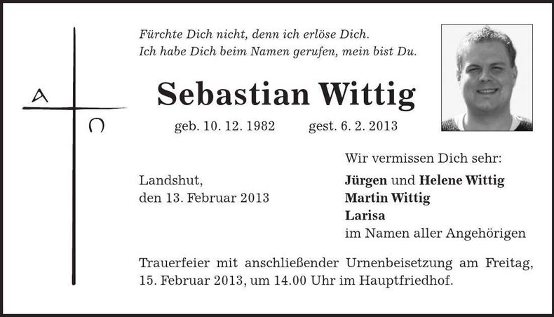 Traueranzeige Sebastian Wittig