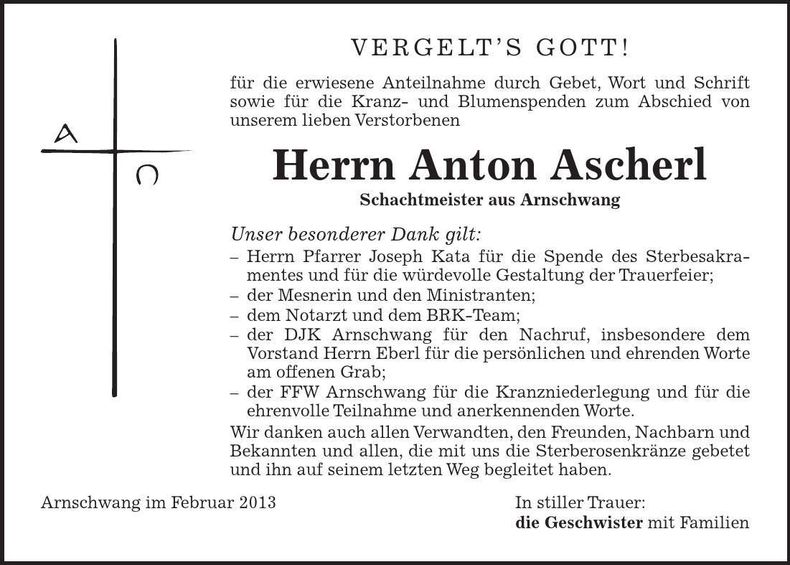 Traueranzeige Anton Ascherl