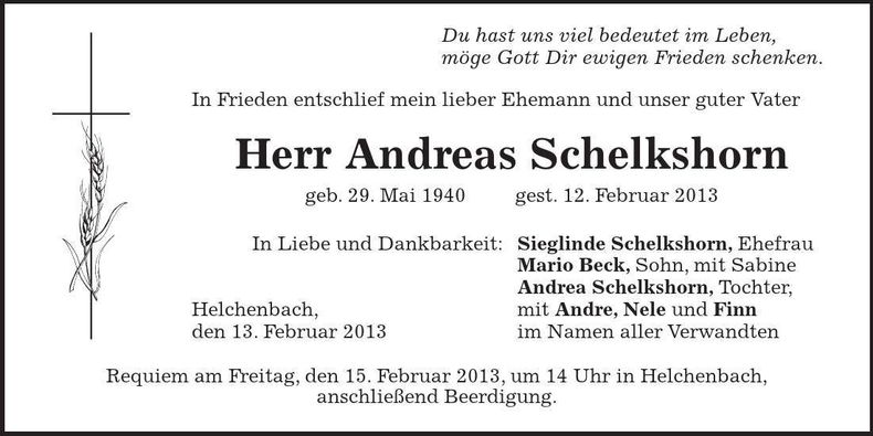 Traueranzeige Andreas Schelkshorn