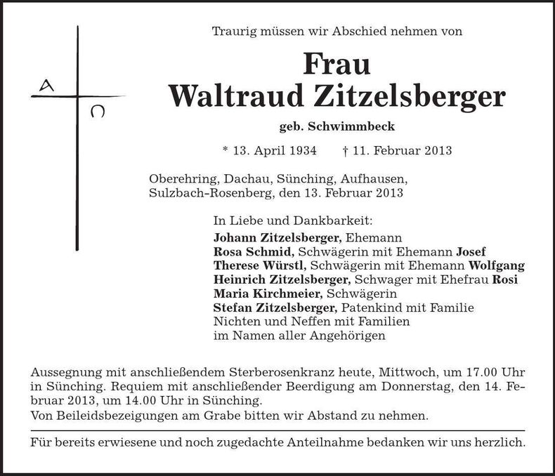 Traueranzeige Waltraud Zitzelsberger