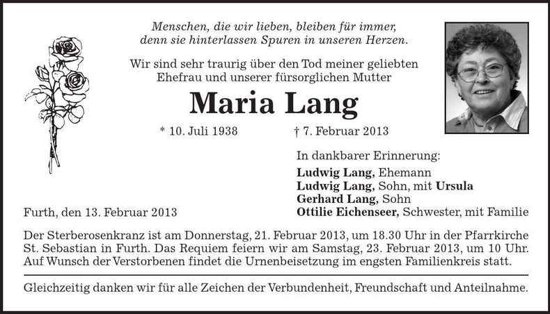 Traueranzeige Maria Lang