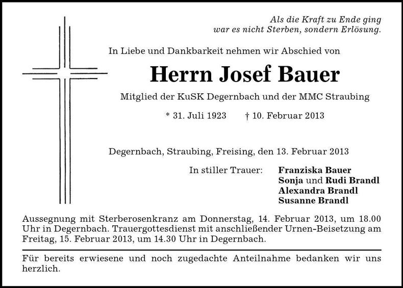 Traueranzeige Josef Bauer