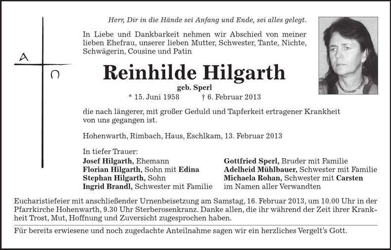 Traueranzeige Reinhilde Hilgarth