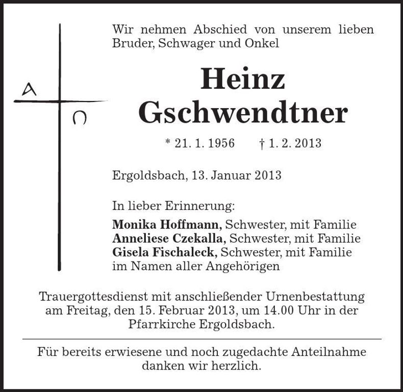 Traueranzeige Heinz Gschwendtner