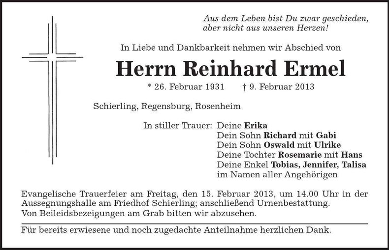 Traueranzeige Reinhard Ermel