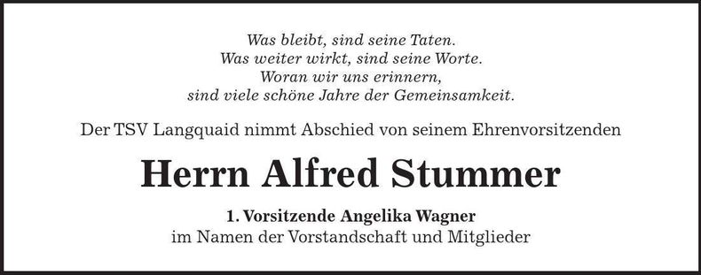 Traueranzeige Alfred Stummer