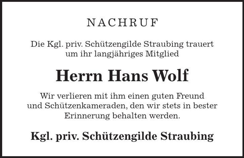Traueranzeige Hans Wolf