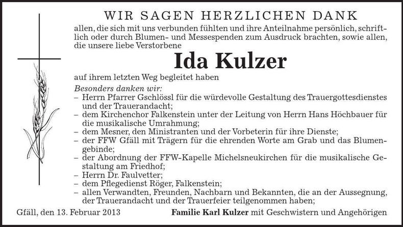 Traueranzeige Ida Kulzer