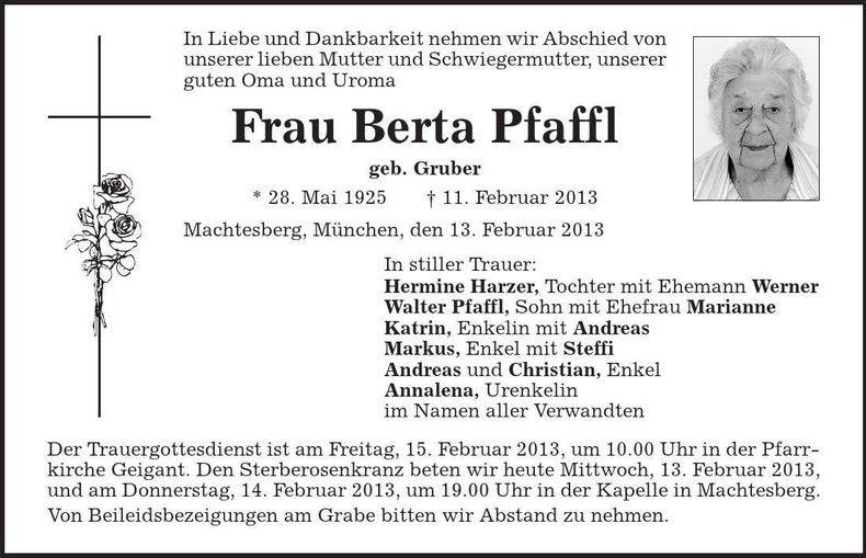 Traueranzeige Berta Pfaffl