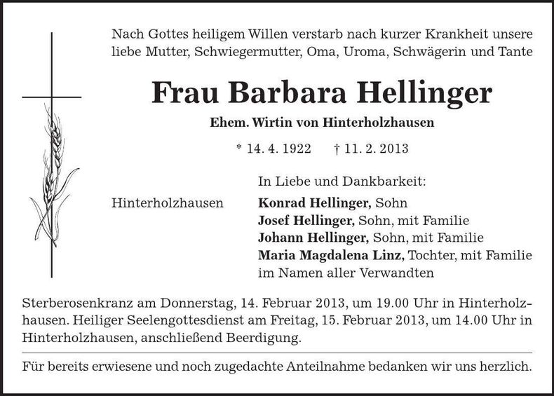 Traueranzeige Barbara Hellinger