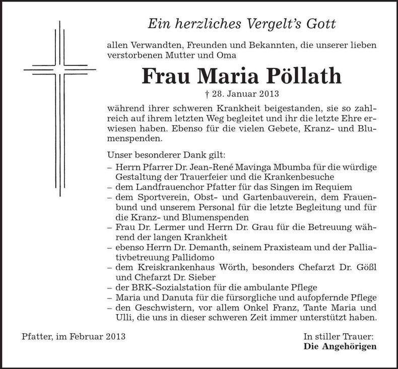 Traueranzeige Maria Pöllath