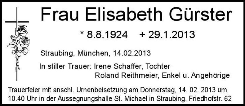 Traueranzeige Elisabeth Gürster