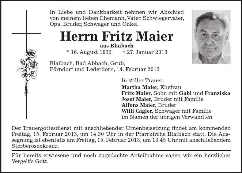 Traueranzeige Fritz Maier