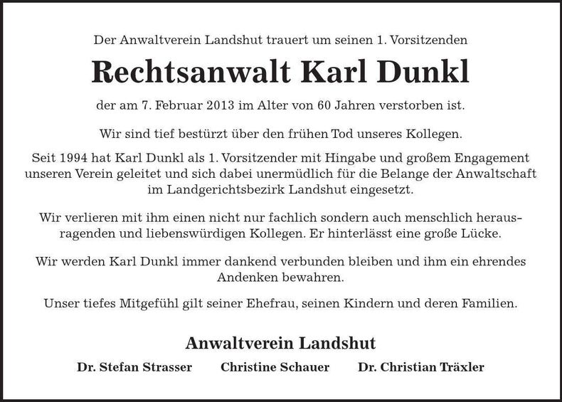 Traueranzeige Karl Dunkl