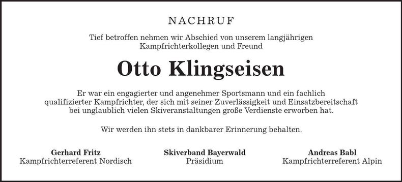 Traueranzeige Otto Klingseisen